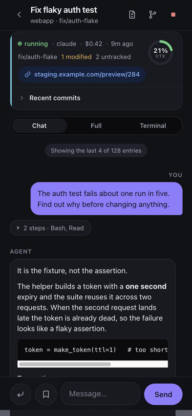 The same session transcript in dark mode, with the same layout and a dark background.
