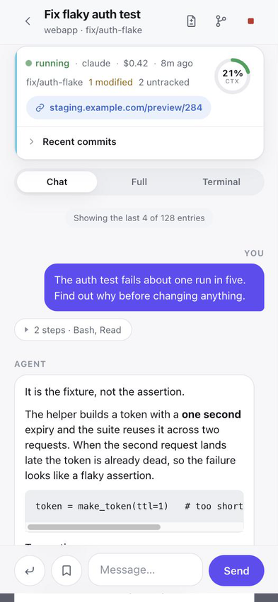 A session transcript rendered as chat, with the agent's reply, a code block, a collapsed tool-call chip and a message box.