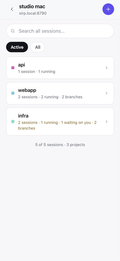 A machine's projects, each with a count of sessions, how many are running, and how many branches they cover.